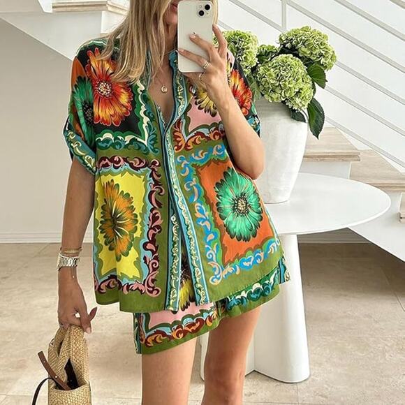 Micas Pants - Micas Casual Resort Short Sleeved Shirt & Shorts Set Loose Daisy Print XXL